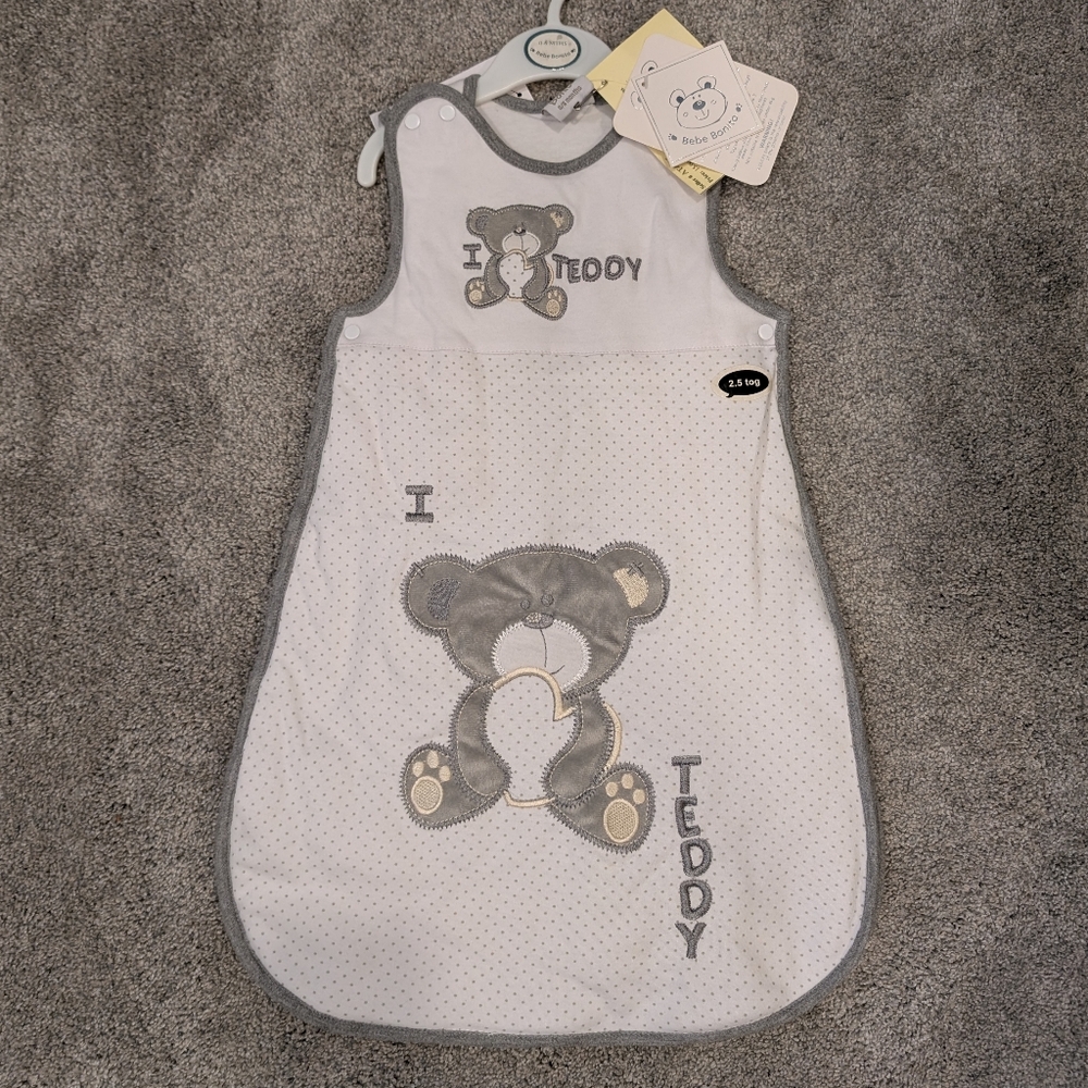 bebe White and Gray Teddy Sleeveless Sleep Sack
